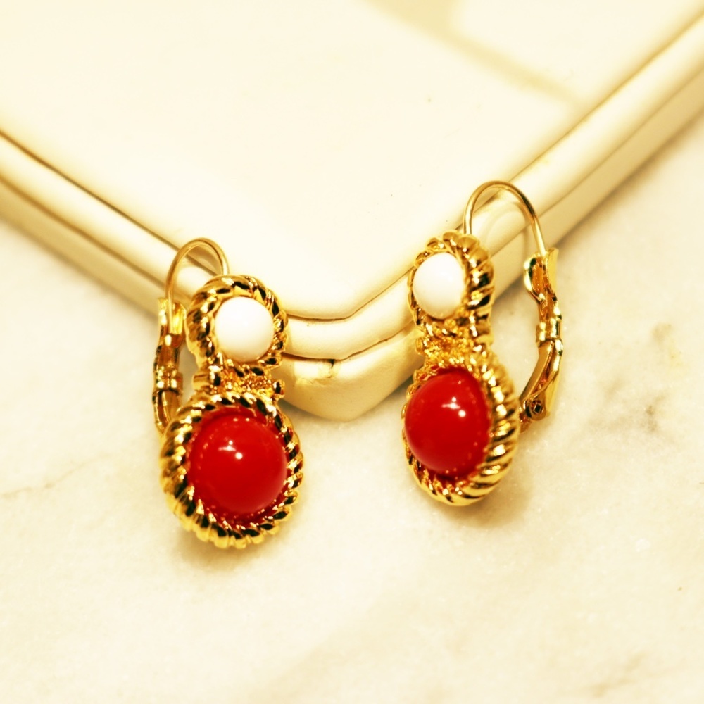 Monet Gold with Red and White Cabochon Pierced Style Earrings NWOT - Picture 4 of 7